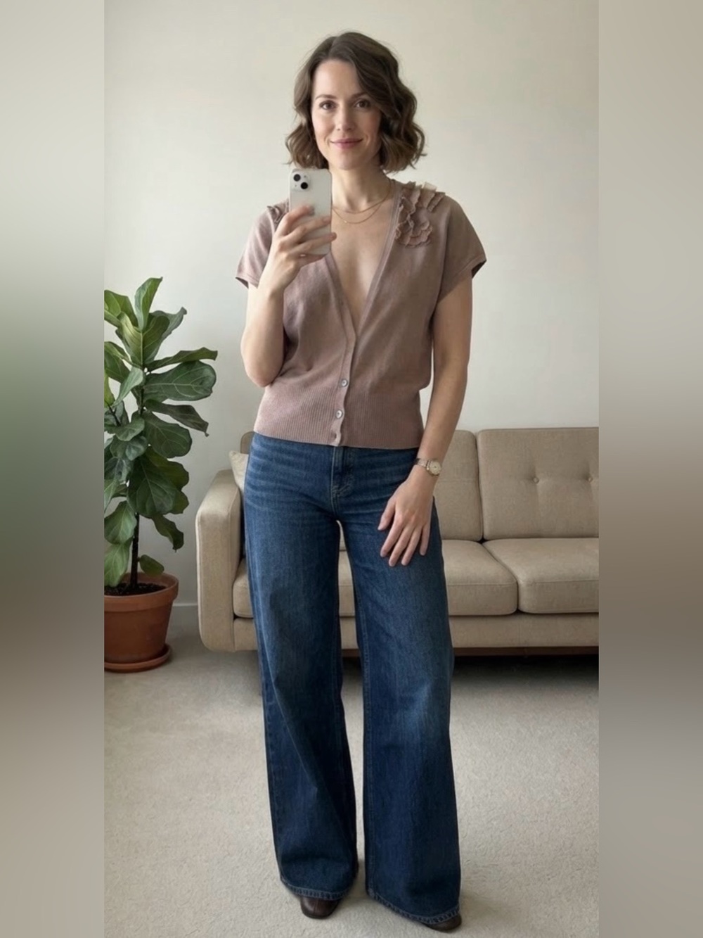 GAP Short-Sleeve Ruffle Shoulder Cardigan in Taupe